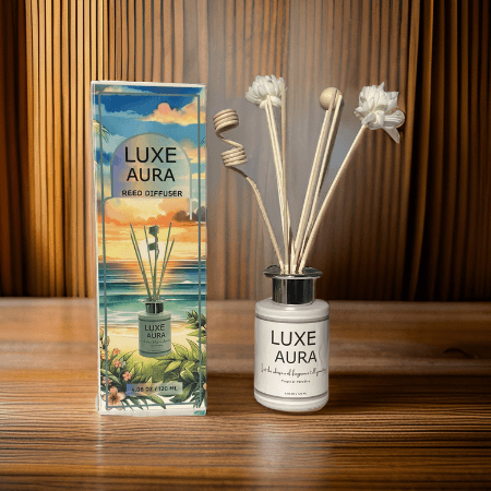 LUXE AURA reed diffuser with tropical serenity, adding luxury to your home fragrance.