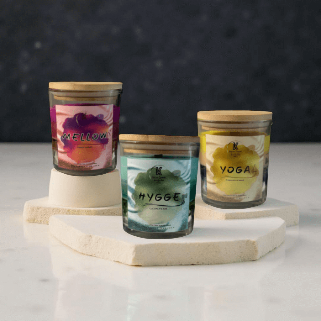 The Zen Bundle – Tropical Glow Set featuring Mellow, Hygge, and Yoga candles in elegant glass jars.