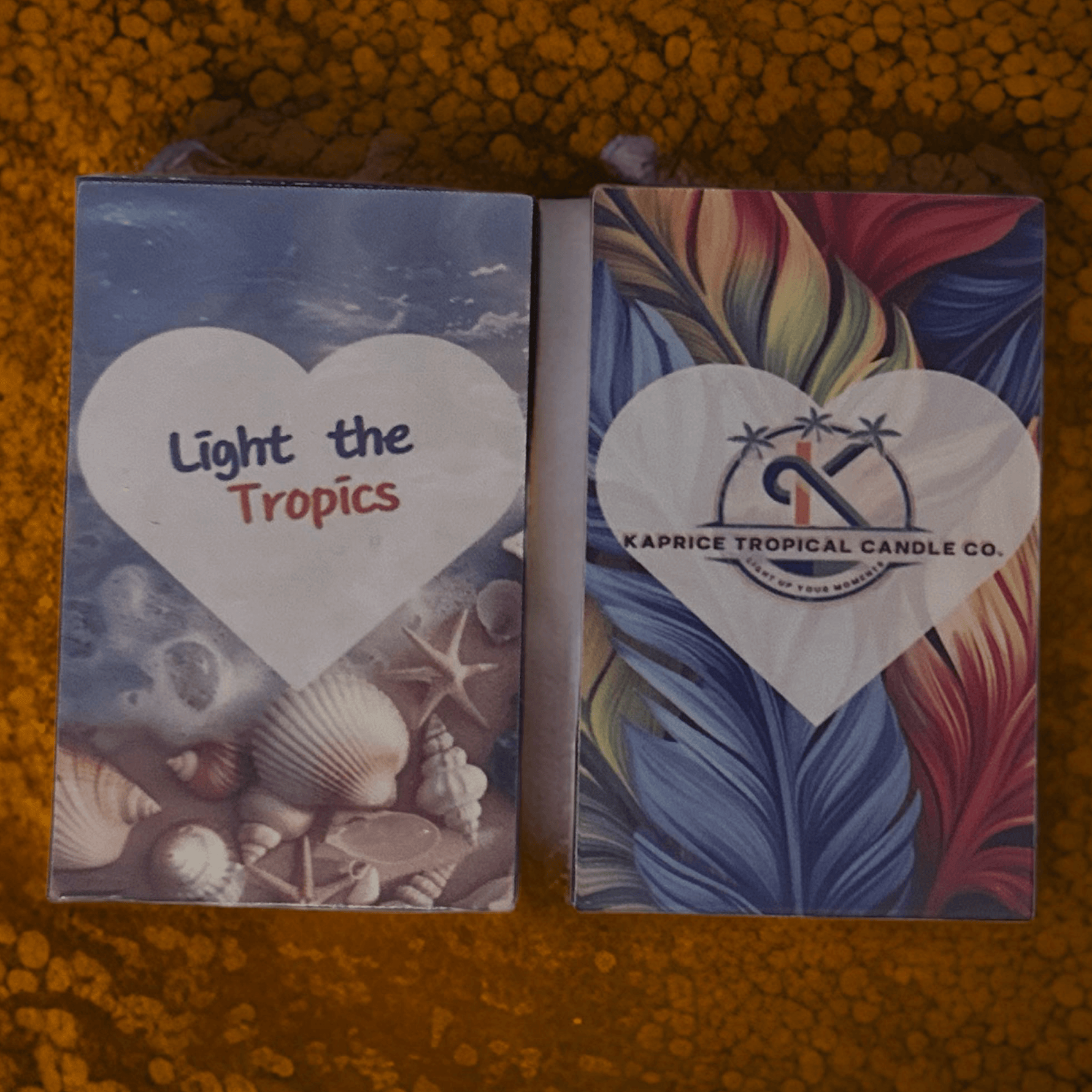 Close-up of LIGHT THE TROPICS wood matches in a decorative matchbox