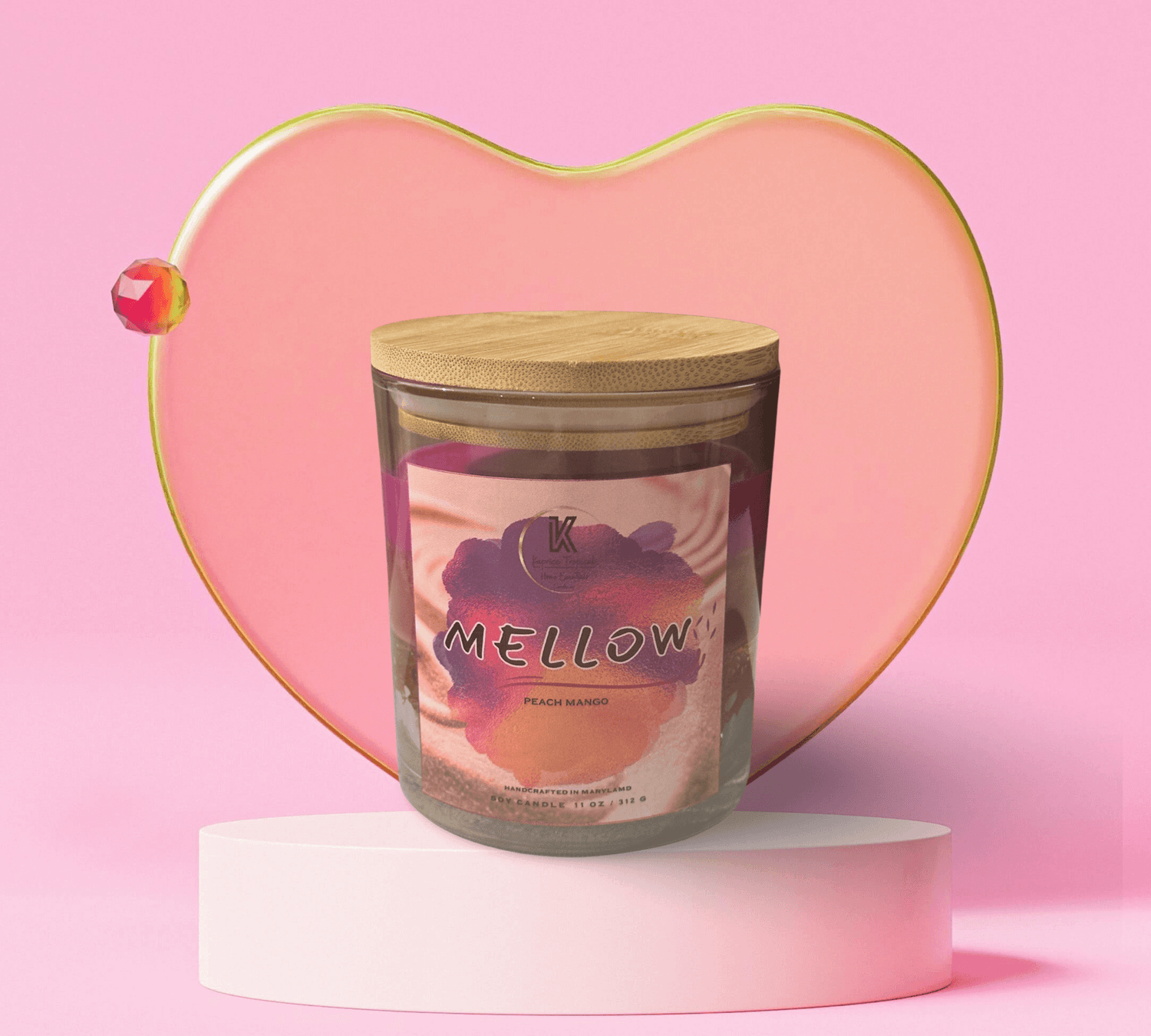 MELLOW personalized scented candle with calming aroma on a bedside table