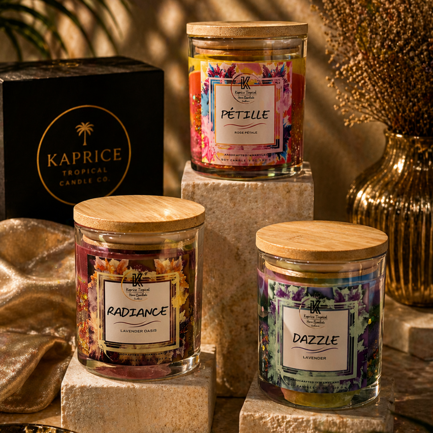 Radiant Glow candle gift set of three coconut soy candles by Kaprice Tropical Candle Co.