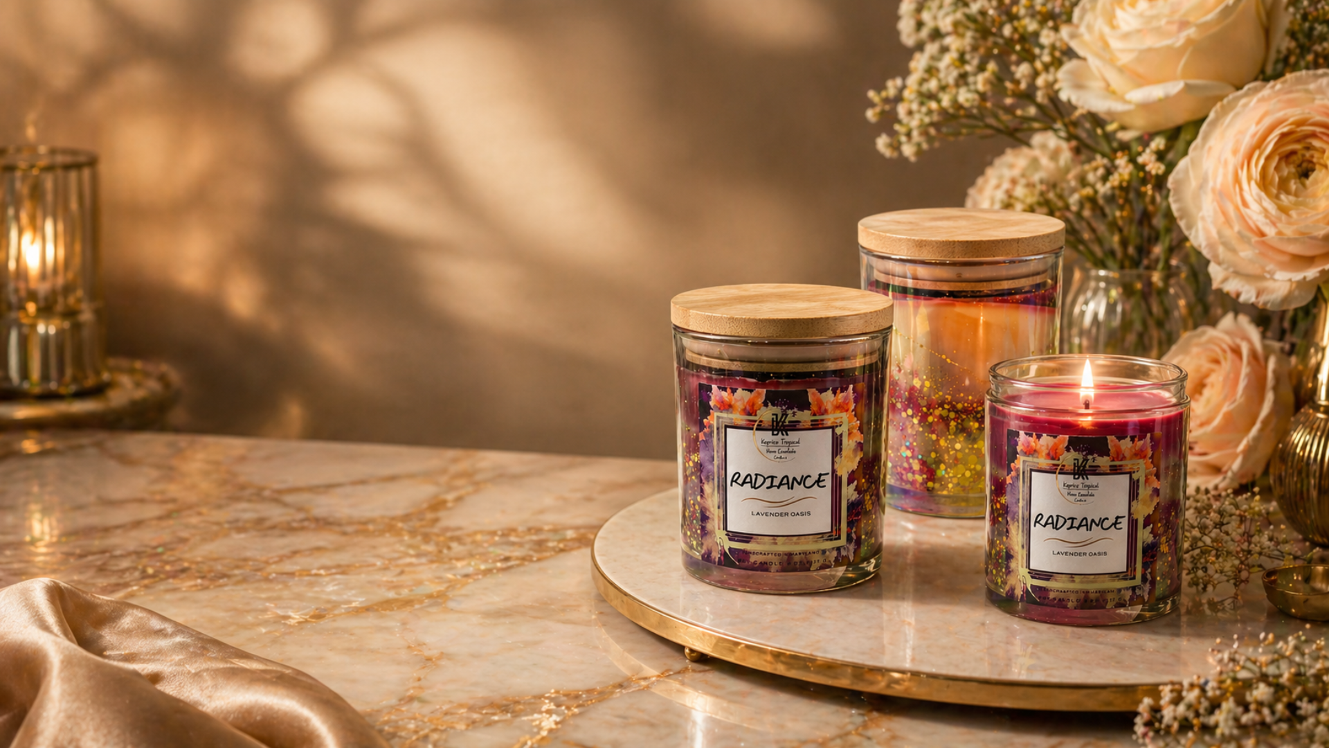 Candles with 'Radiance' packaging on a marble surface with decorative elements.