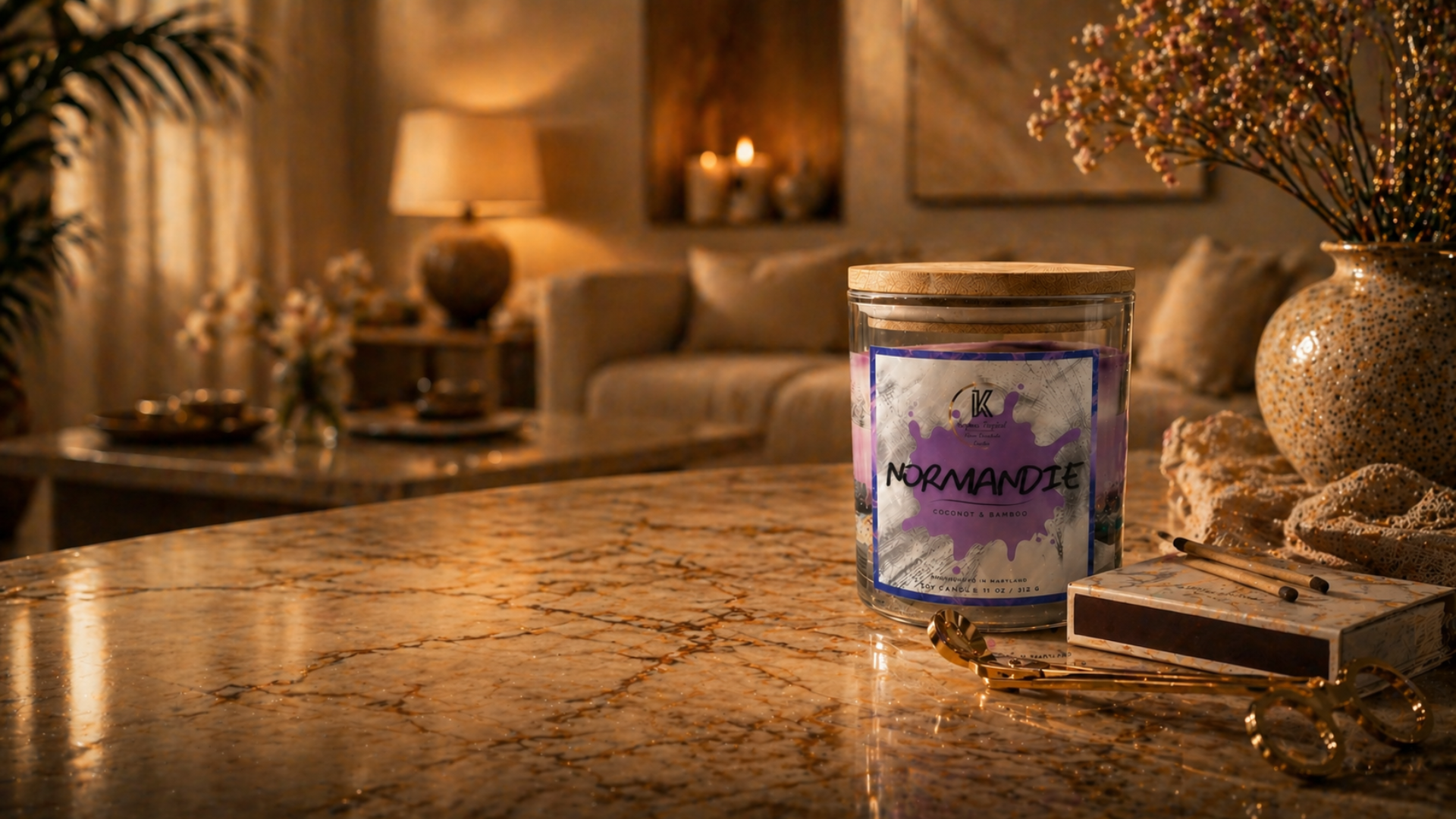 Candle with a label in a cozy living room setting