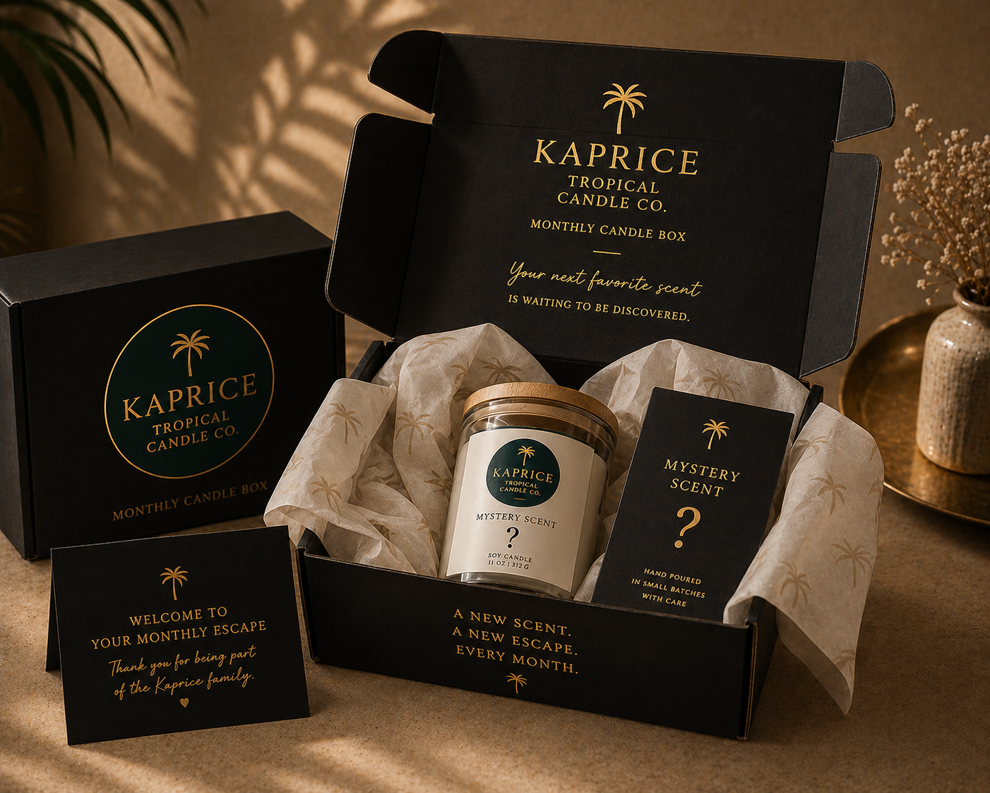 Kaprice Tropical Candle Co. candle box with a candle and cards on a neutral background